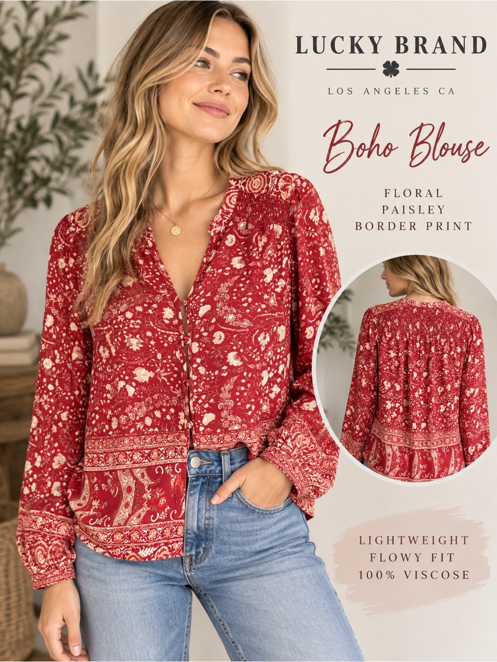 Lucky Brand XS Red Floral Paisley Boho Smocked Button Front Blouse
